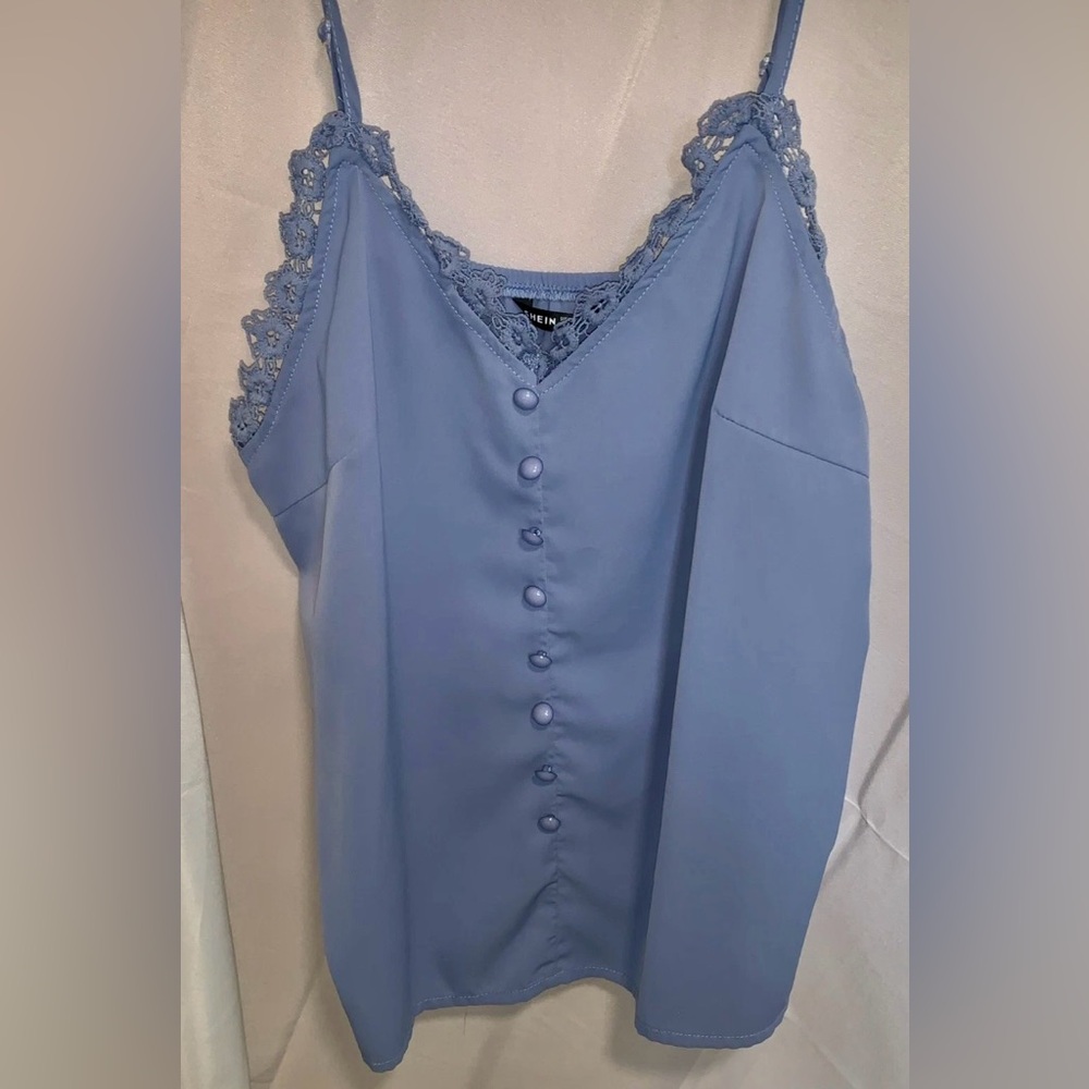 SHEIN Light Blue Lace Strap Camisole Crochet Trim Fabric Buttons Size Large